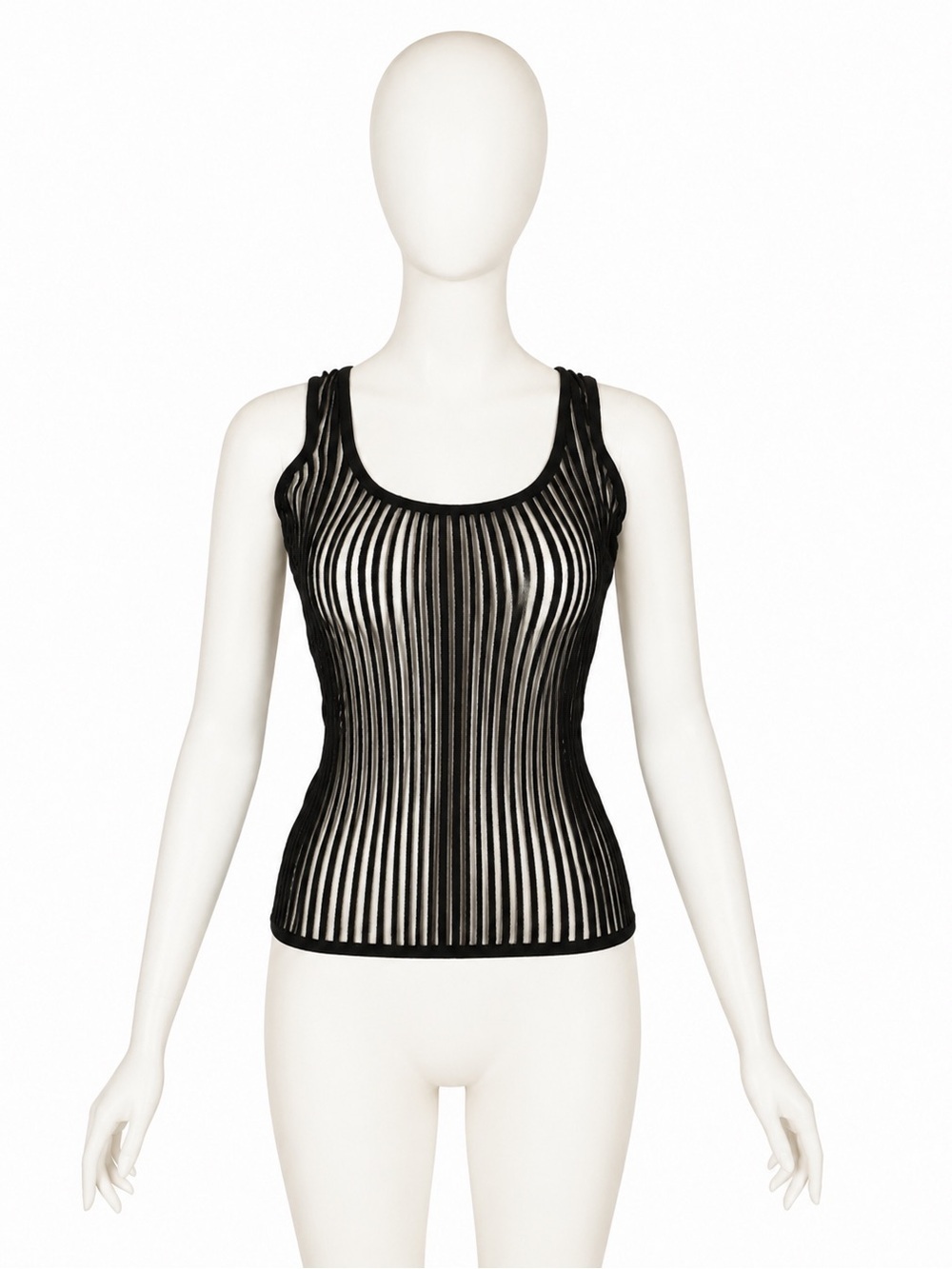 Vintage 90s Thierry Mugler black knitted vertical stripe sheer mesh tank top